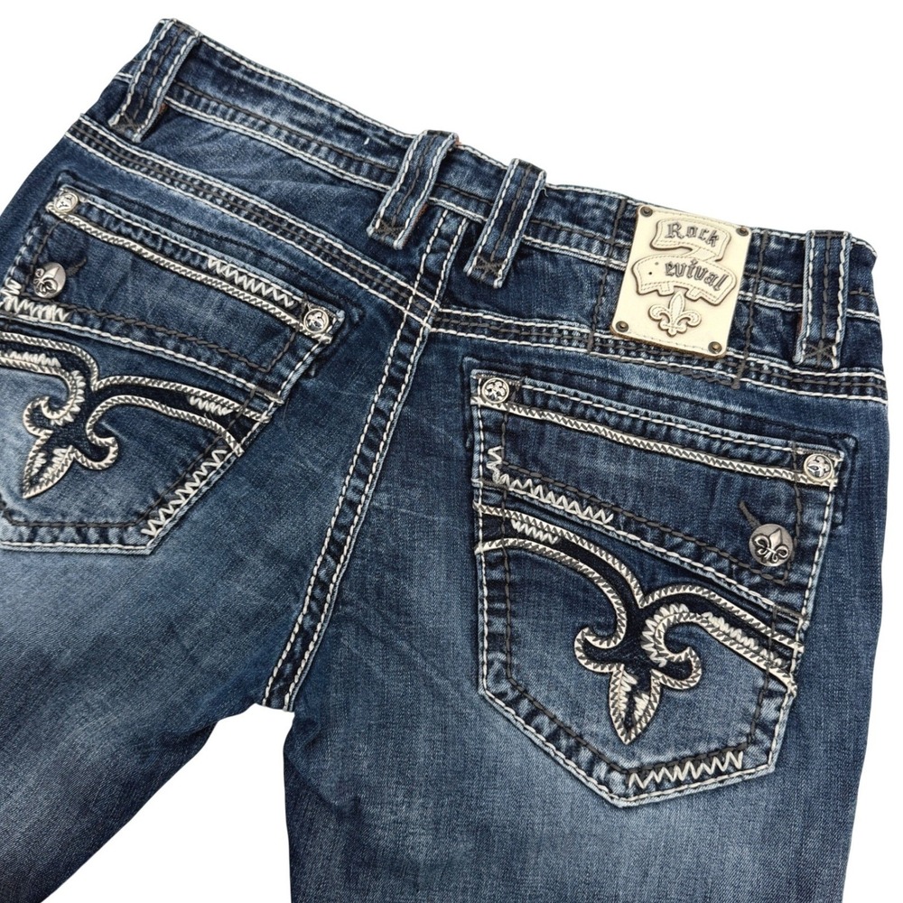 Rock Revival Daegan Straight Jeans Mens 36x30 Blue Denim Thick Stitch Bootcut